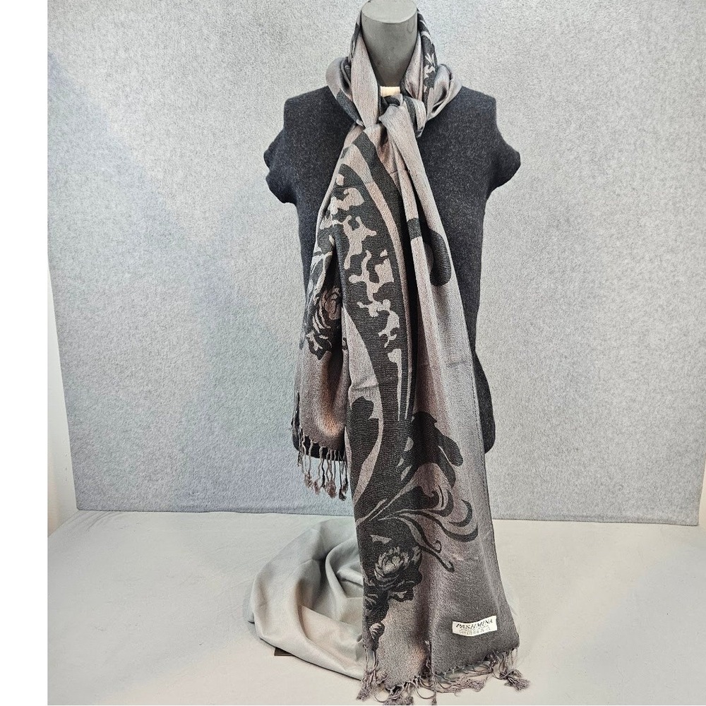 Pashmina Scarf Gray Black Floral Paisley Jacquard Fringed Wrap Shawl